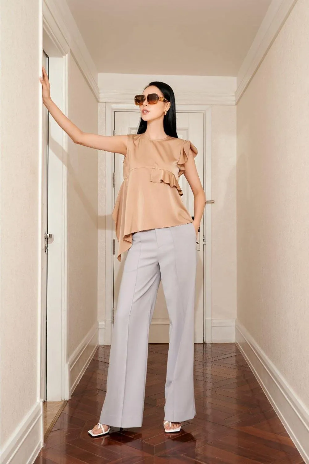 Basic Straight Wide Leg Twill Ankle Length Trousers