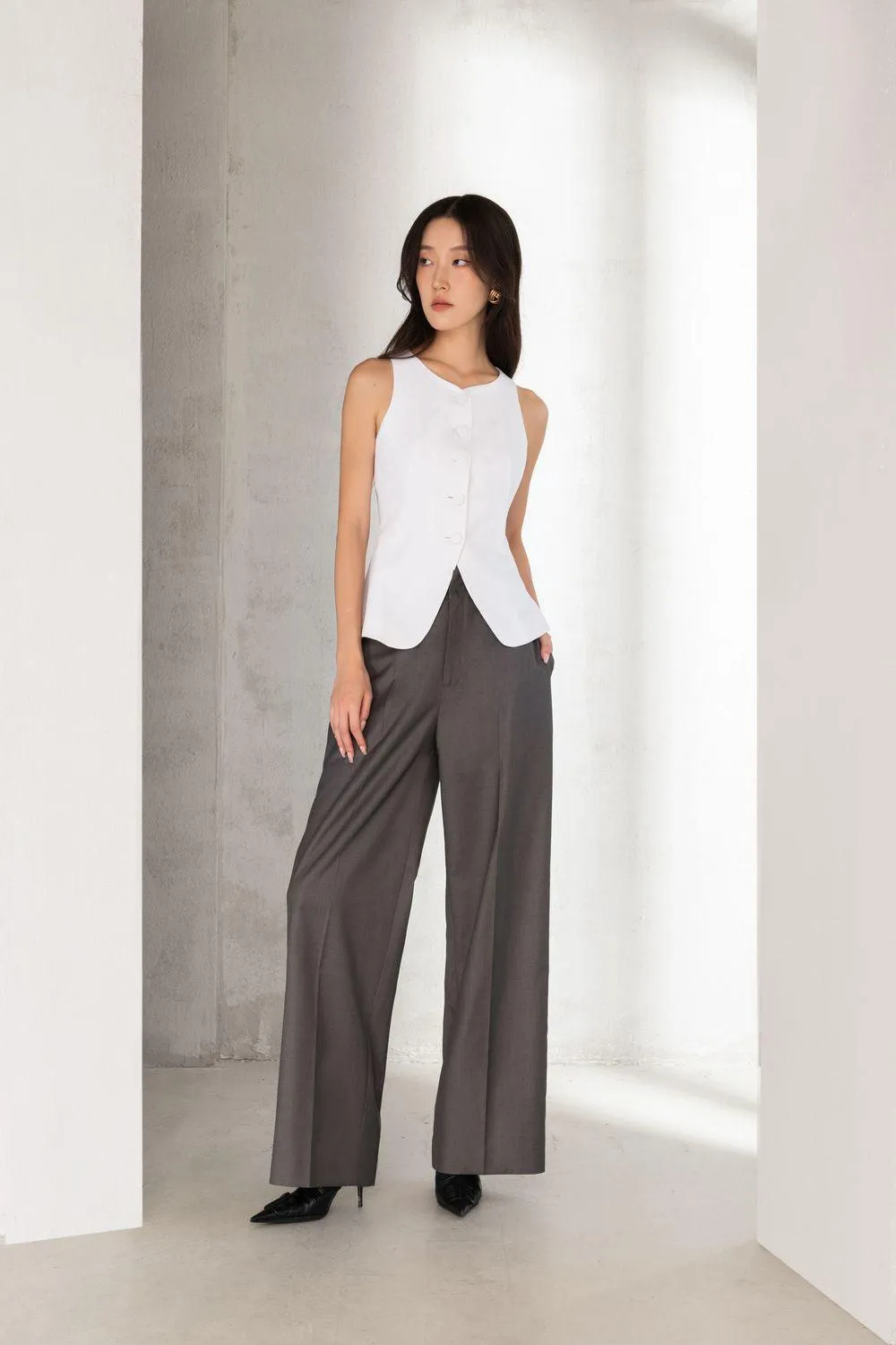 Basic Straight Wide Leg Twill Ankle Length Trousers