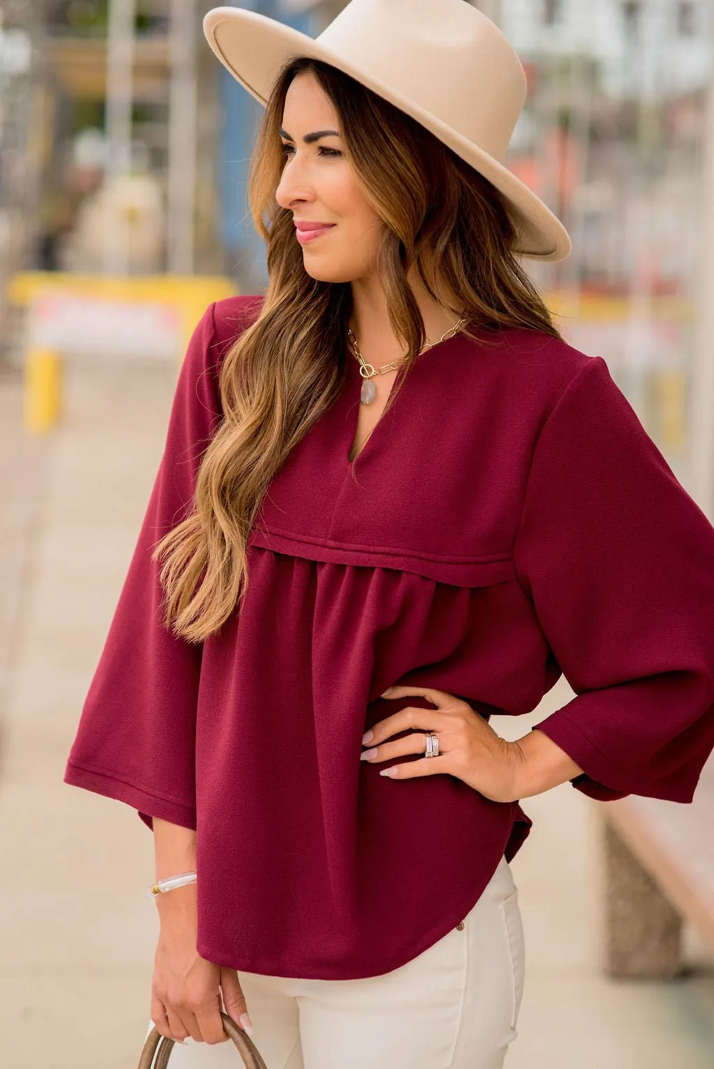 Bell Sleeve Peplum V Blouse