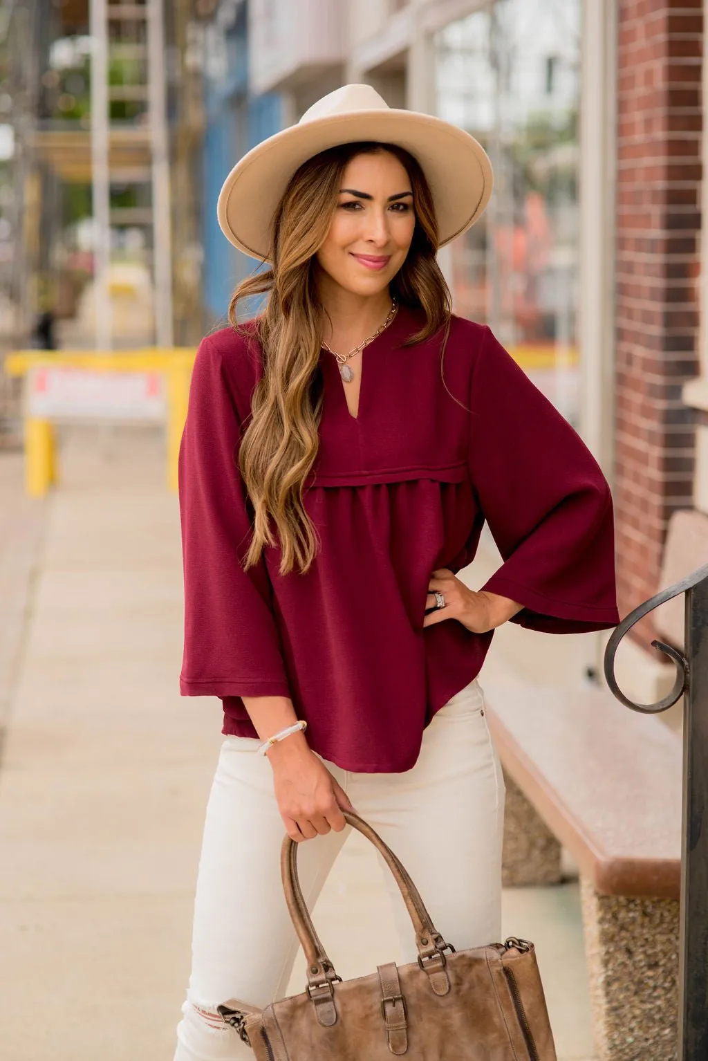 Bell Sleeve Peplum V Blouse