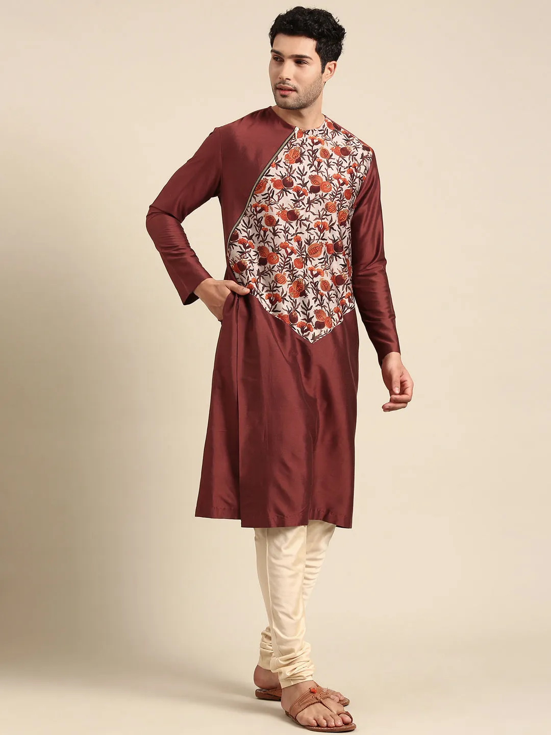 Brown Silk Cotton Print Kurta Pajama for Men- MMK0605