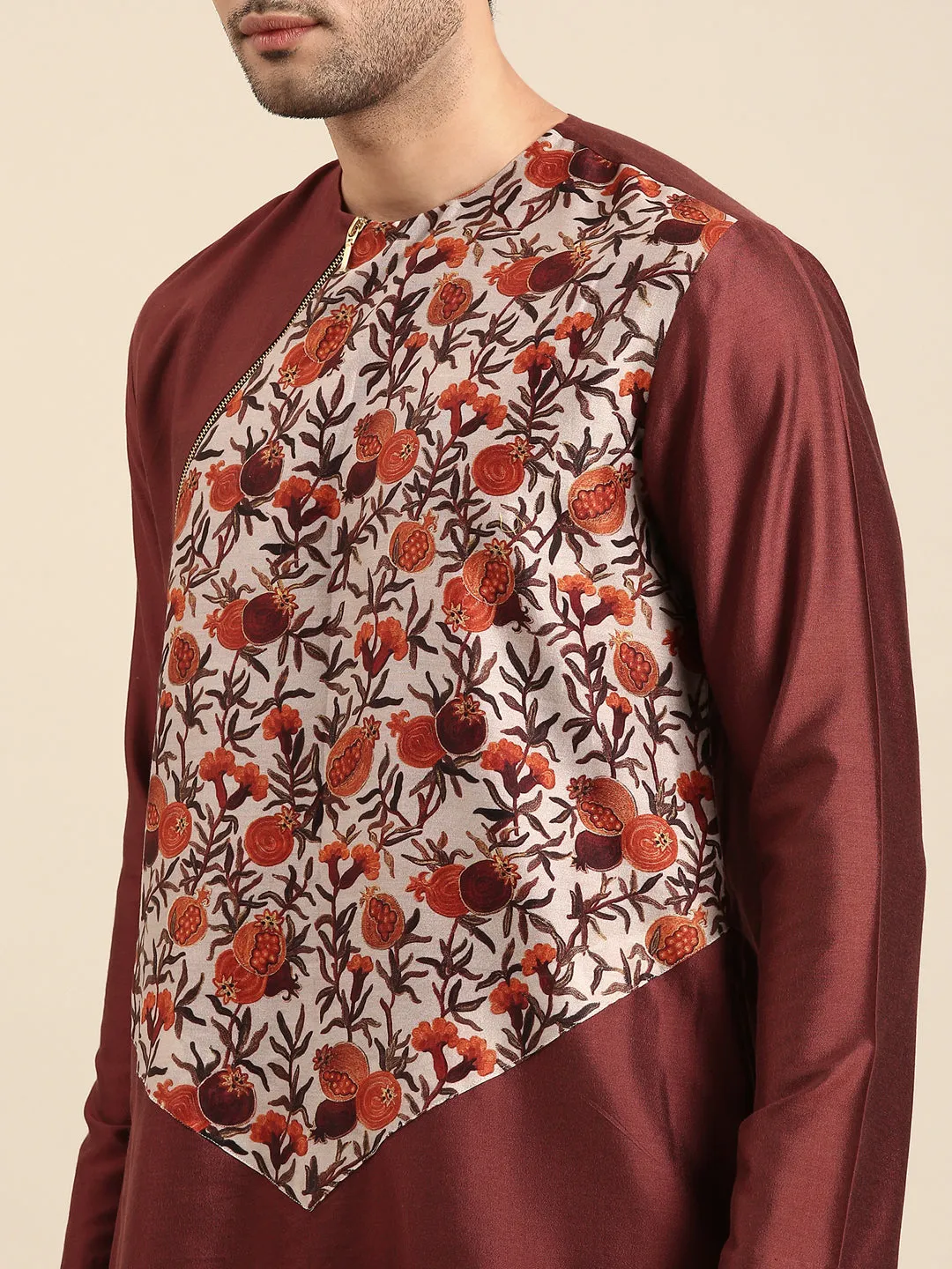 Brown Silk Cotton Print Kurta Pajama for Men- MMK0605