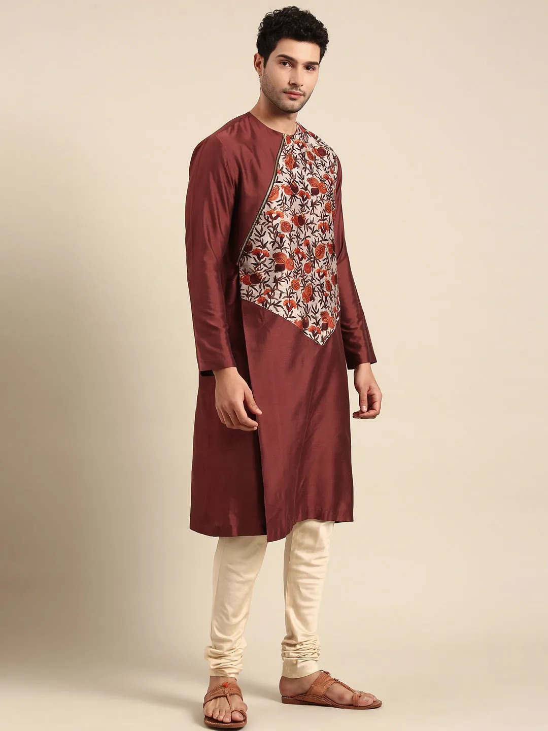 Brown Silk Cotton Print Kurta Pajama for Men- MMK0605