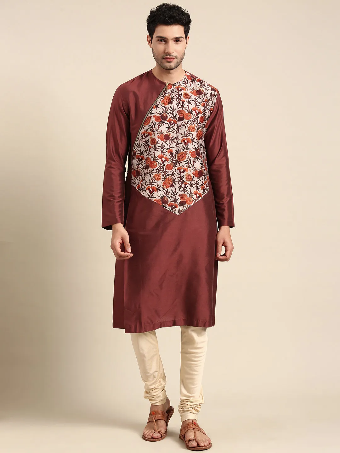 Brown Silk Cotton Print Kurta Pajama for Men- MMK0605