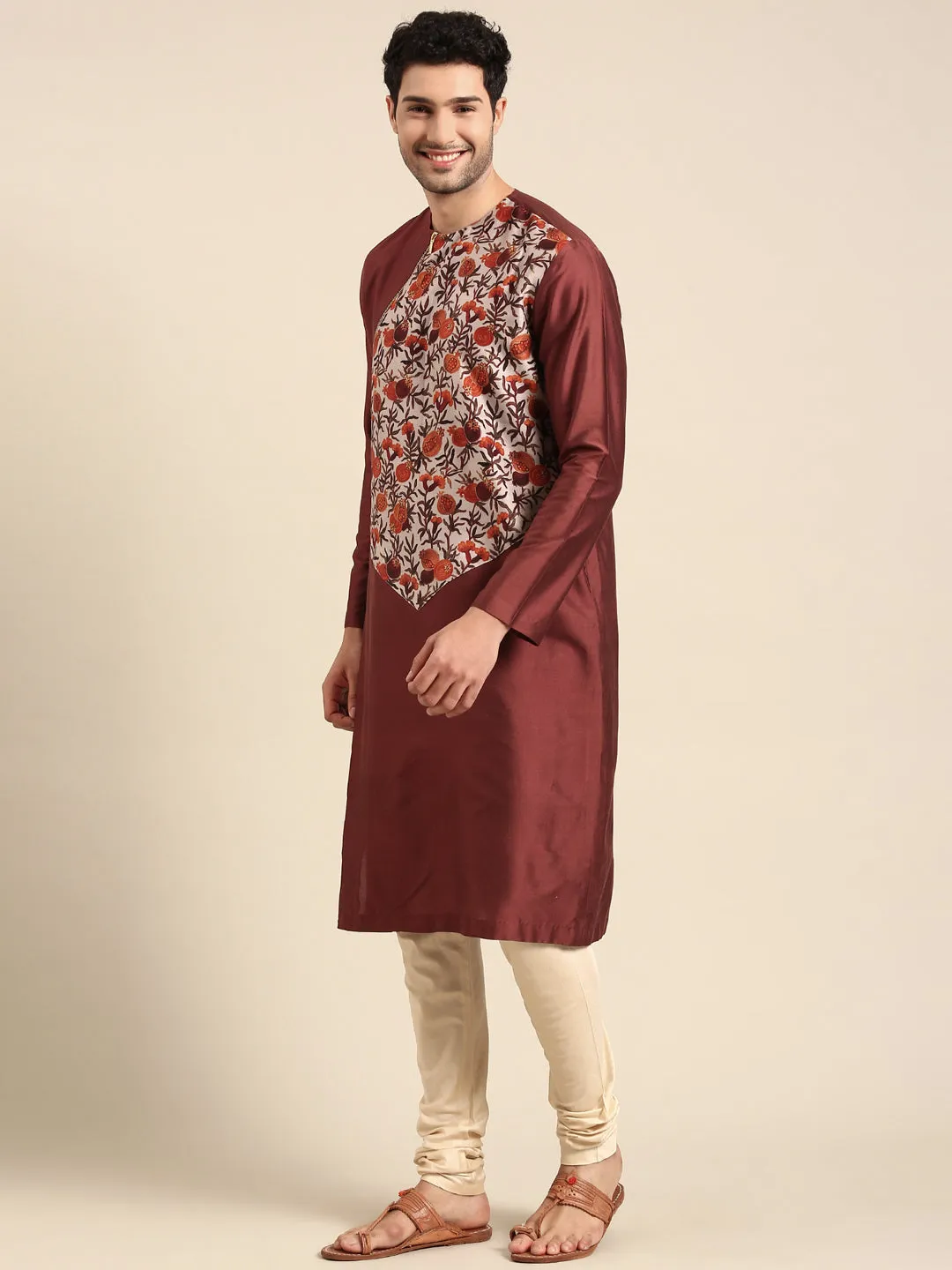 Brown Silk Cotton Print Kurta Pajama for Men- MMK0605