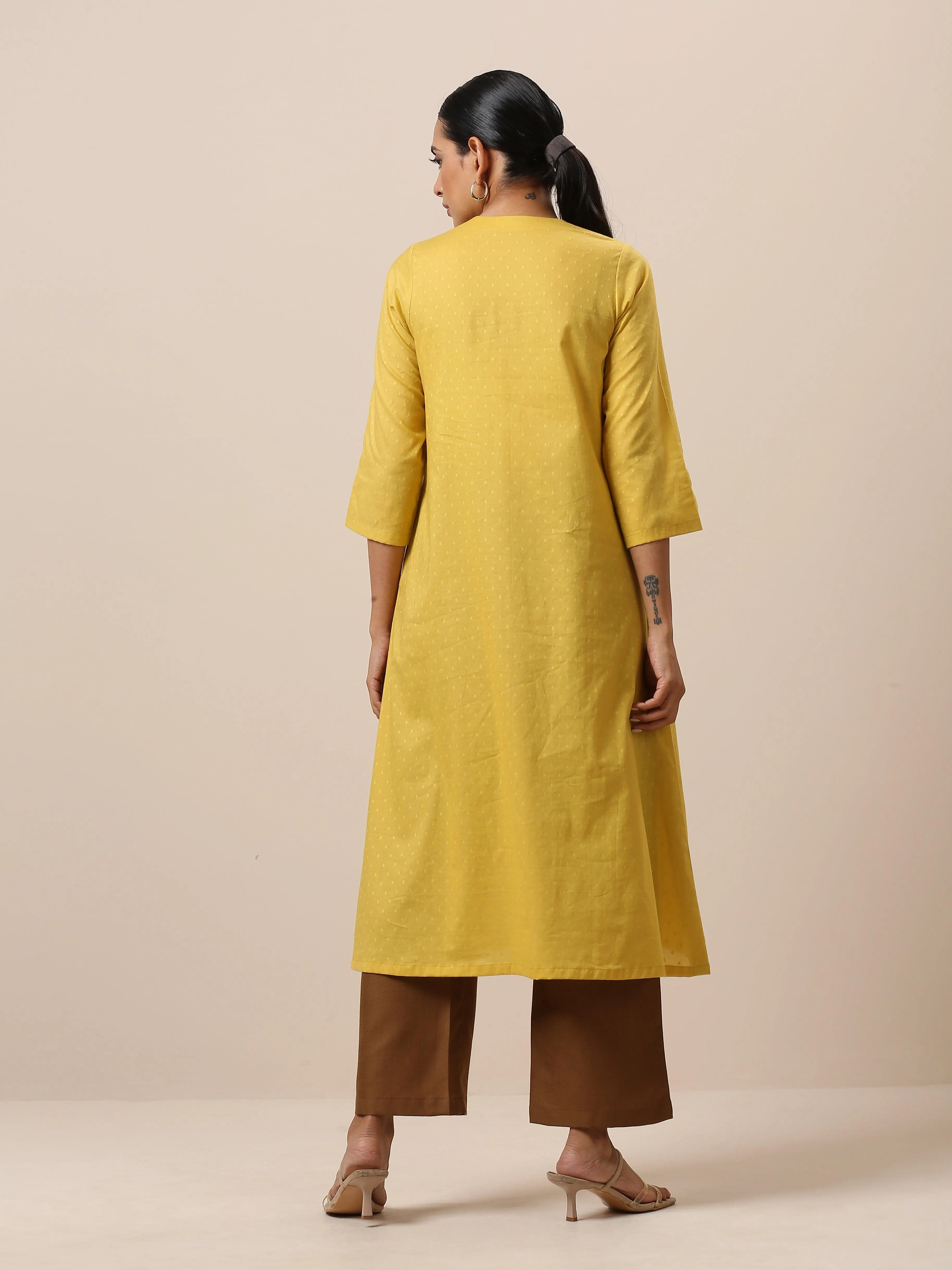 Cotton Dobby Yellow Kurta Pant Set