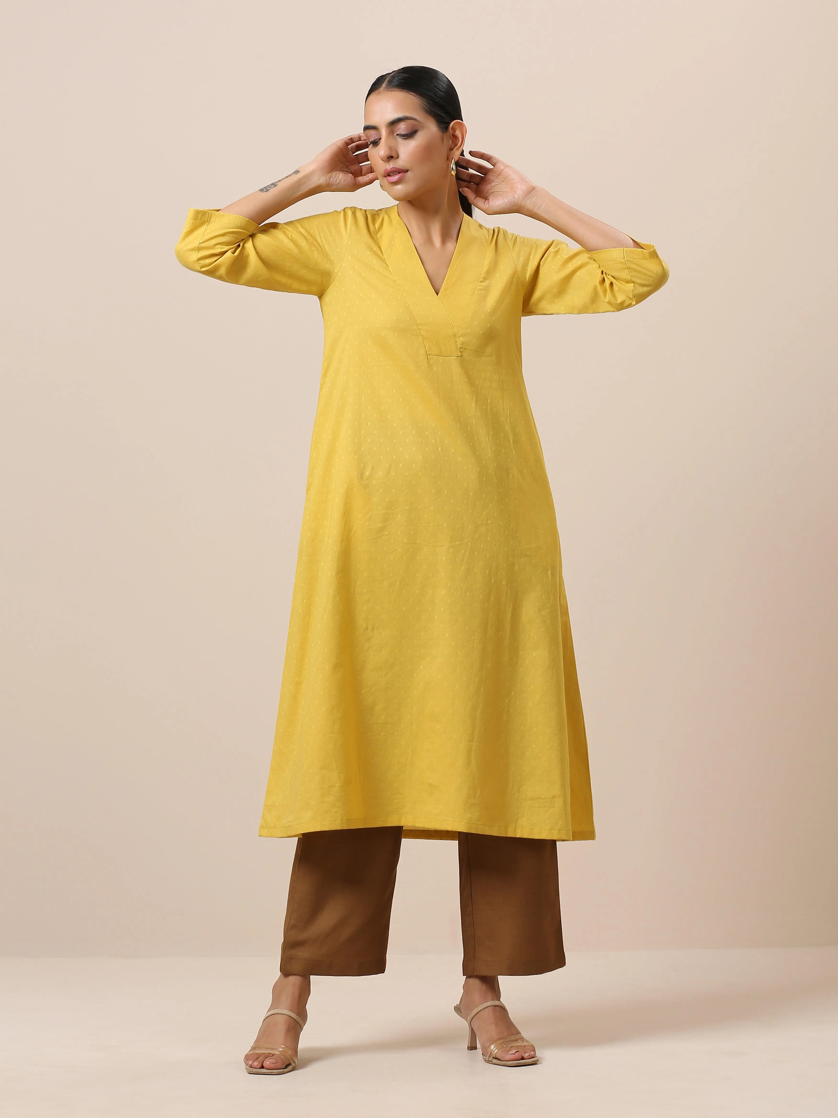 Cotton Dobby Yellow Kurta Pant Set