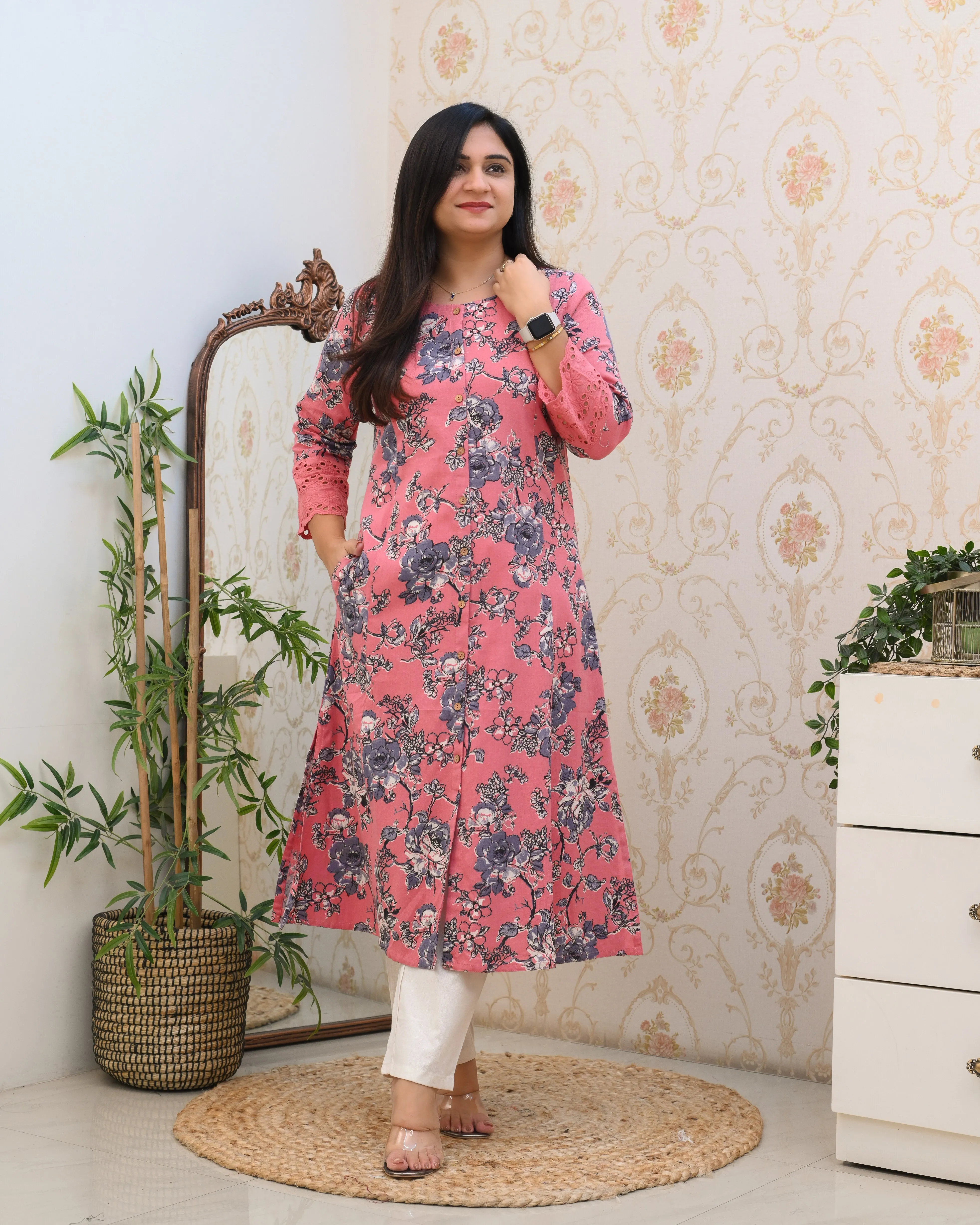 Cotton Floral Casual kurta with pocket