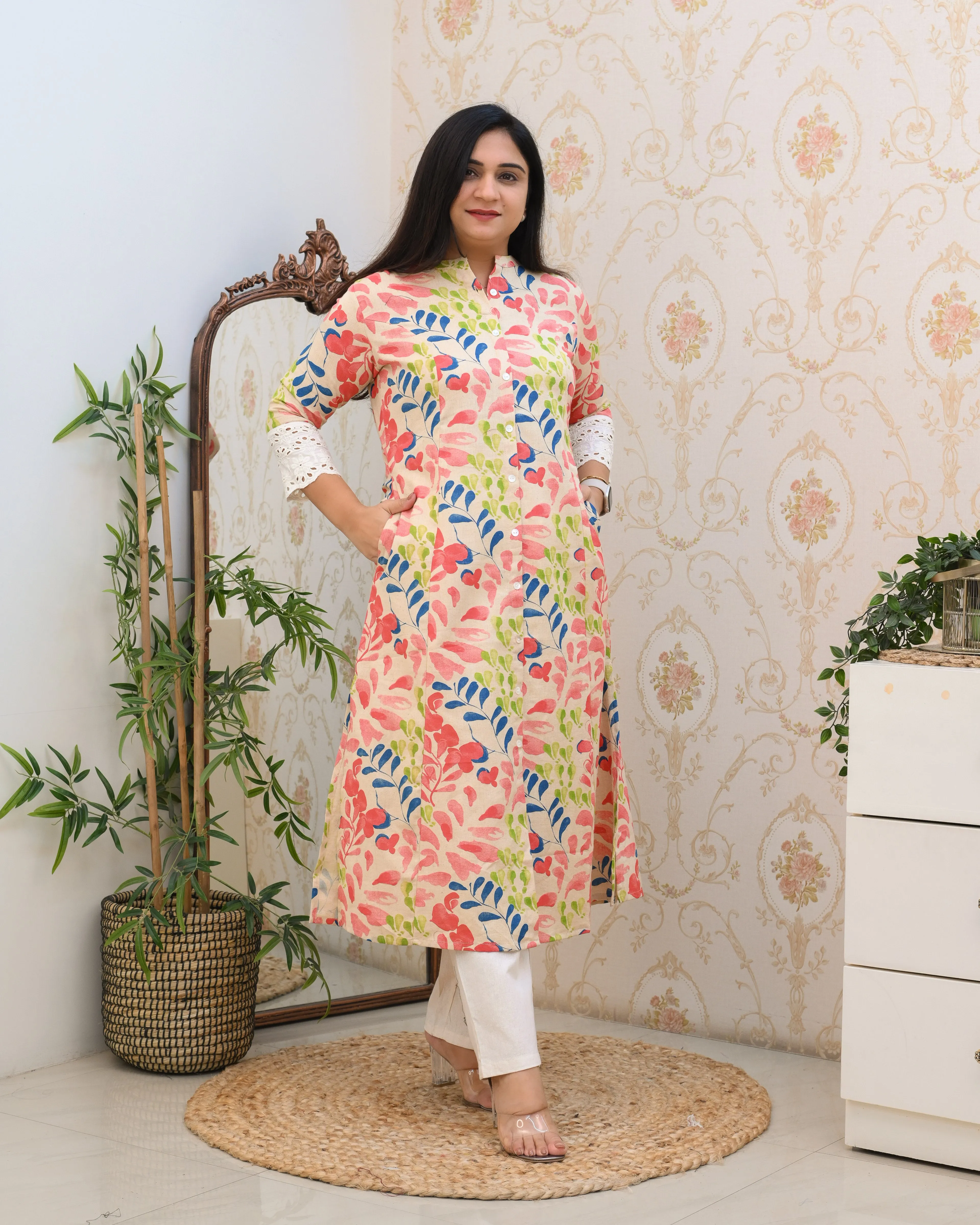 Cotton Floral Casual kurta with pocket