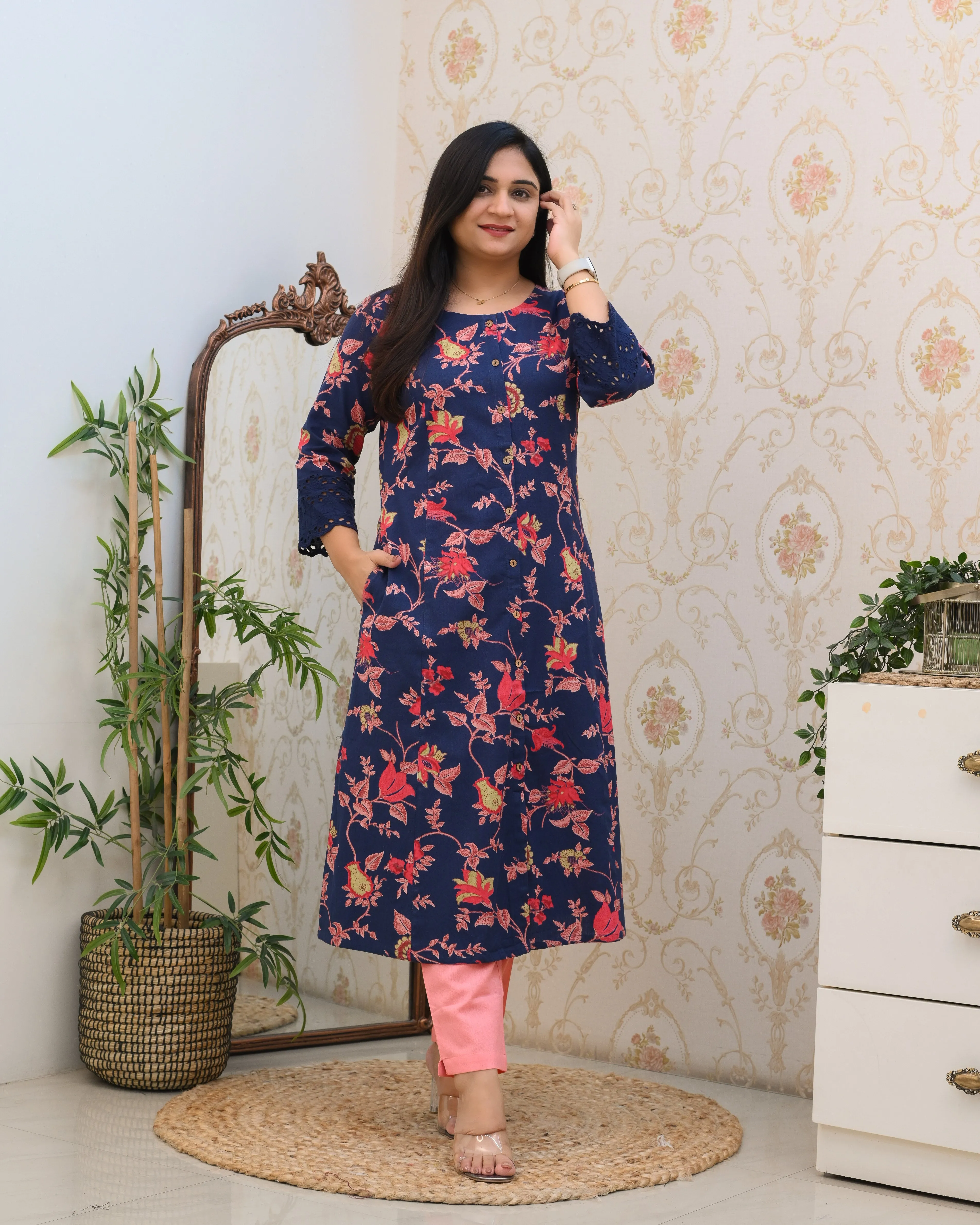 Cotton Floral Casual kurta with pocket