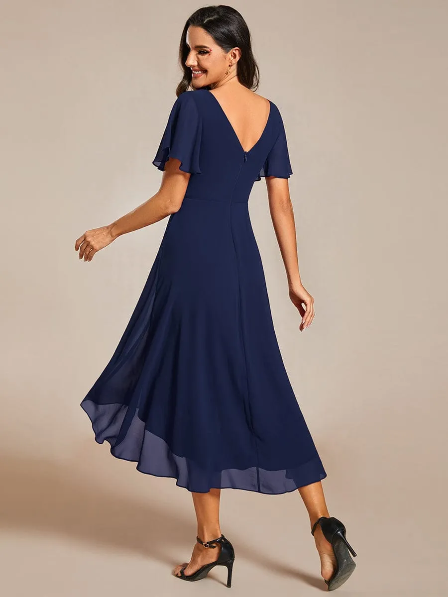 Custom Size Chic V Neck Asymmetrical Hem Ruffles Sleeve Pleated Chiffon Wedding Guest Dress