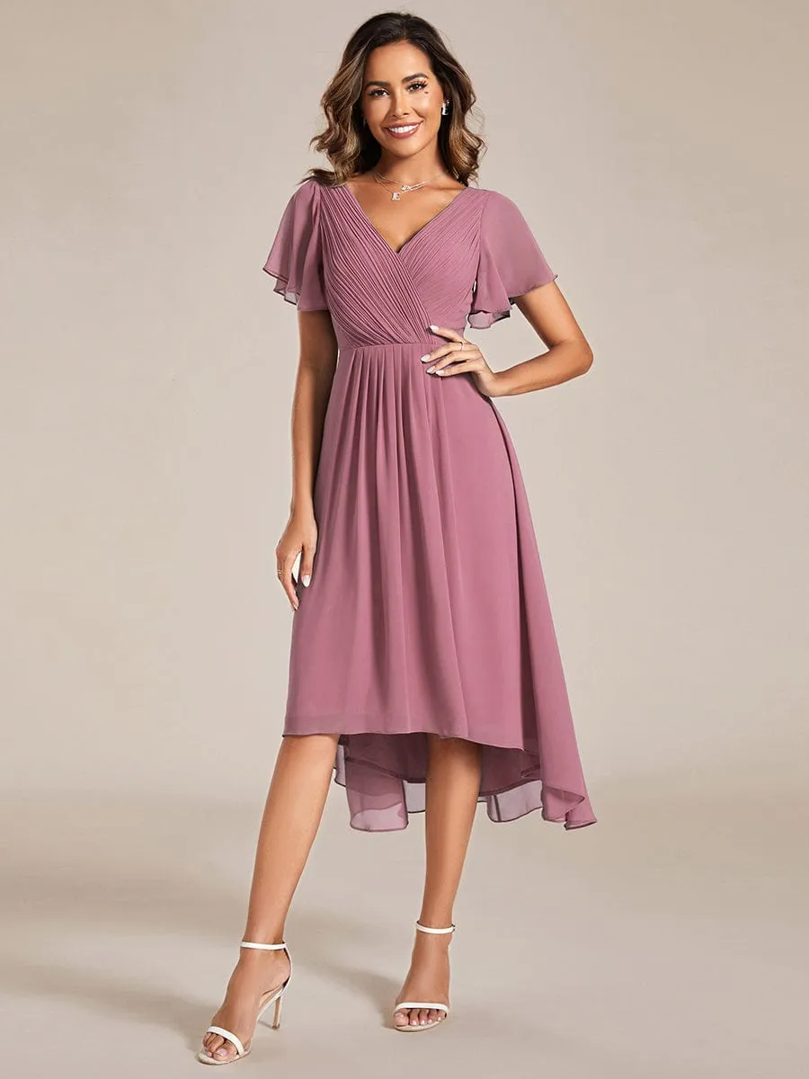 Custom Size Chic V Neck Asymmetrical Hem Ruffles Sleeve Pleated Chiffon Wedding Guest Dress