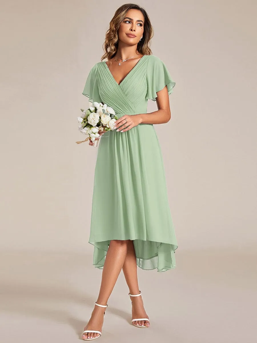 Custom Size Chic V Neck Asymmetrical Hem Ruffles Sleeve Pleated Chiffon Wedding Guest Dress