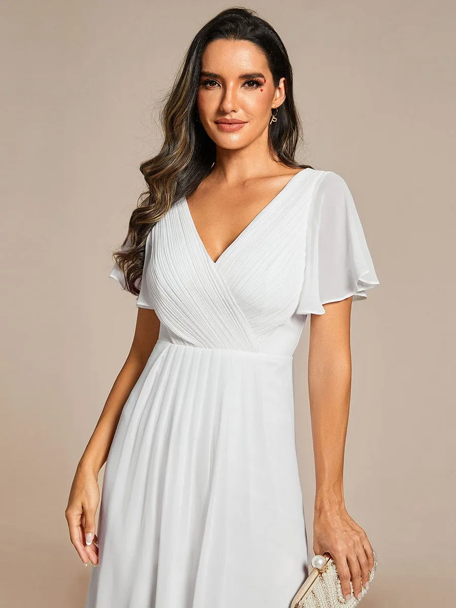 Custom Size Chic V Neck Asymmetrical Hem Ruffles Sleeve Pleated Chiffon Wedding Guest Dress