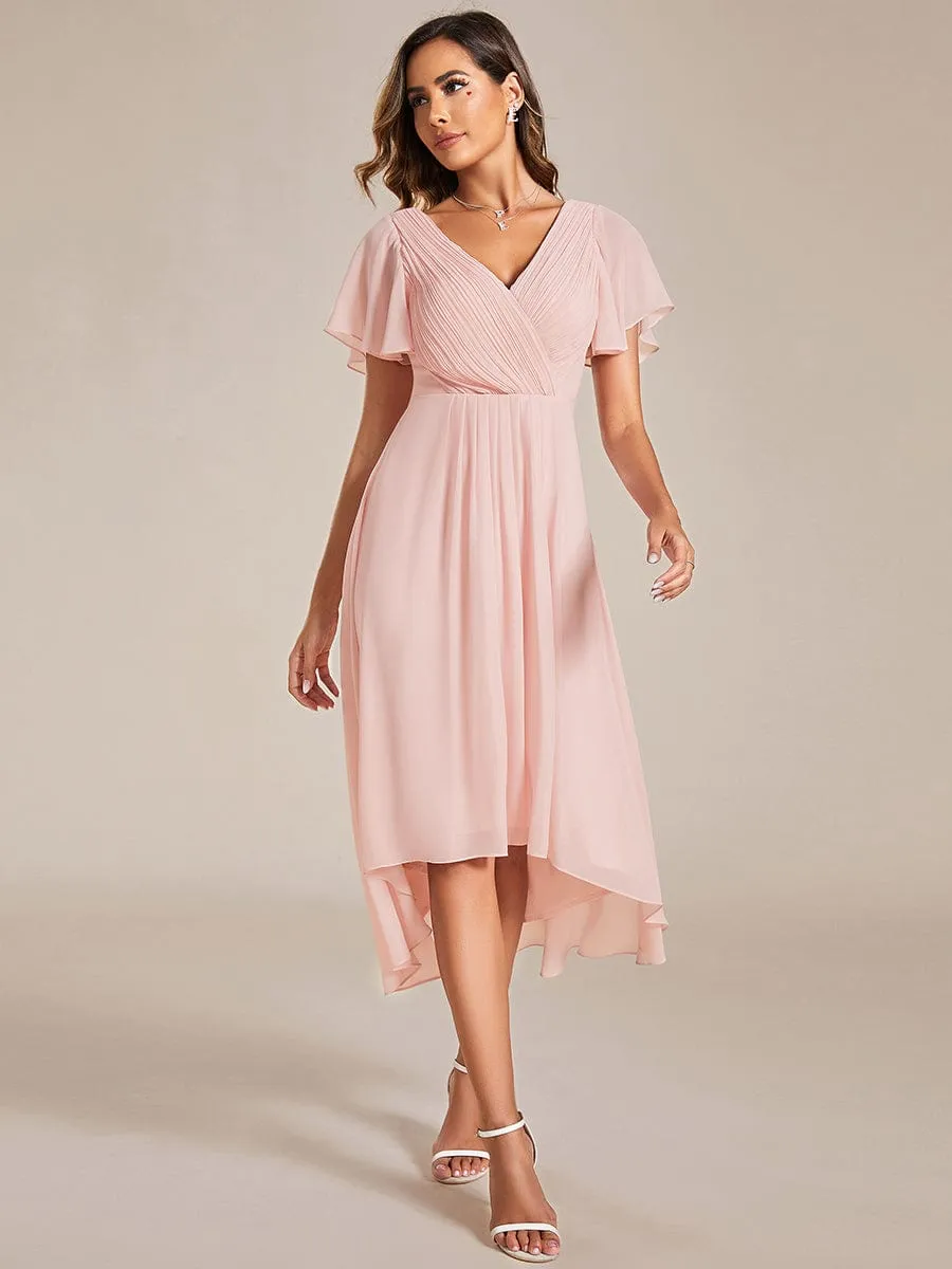 Custom Size Chic V Neck Asymmetrical Hem Ruffles Sleeve Pleated Chiffon Wedding Guest Dress