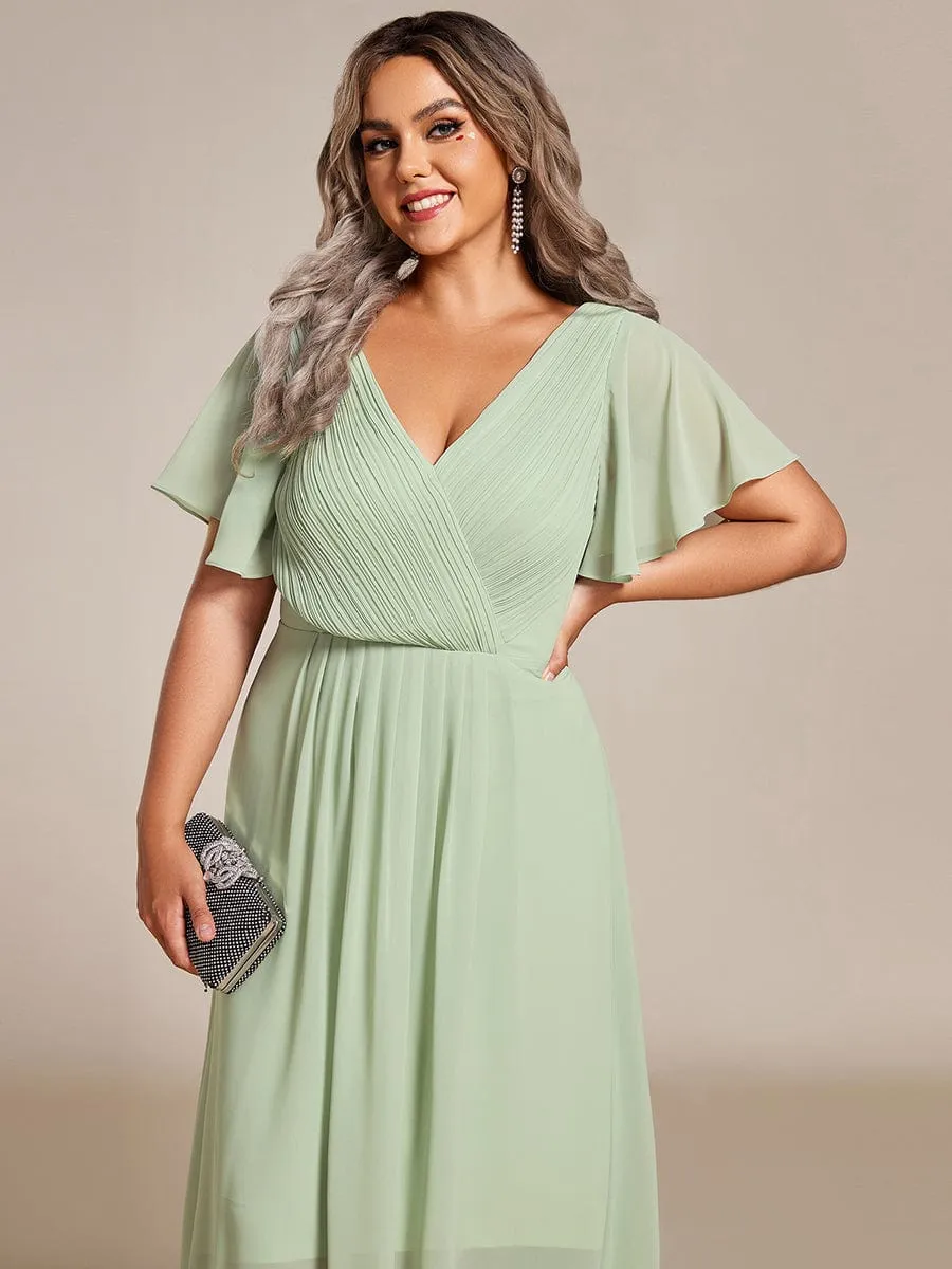 Custom Size Chic V Neck Asymmetrical Hem Ruffles Sleeve Pleated Chiffon Wedding Guest Dress