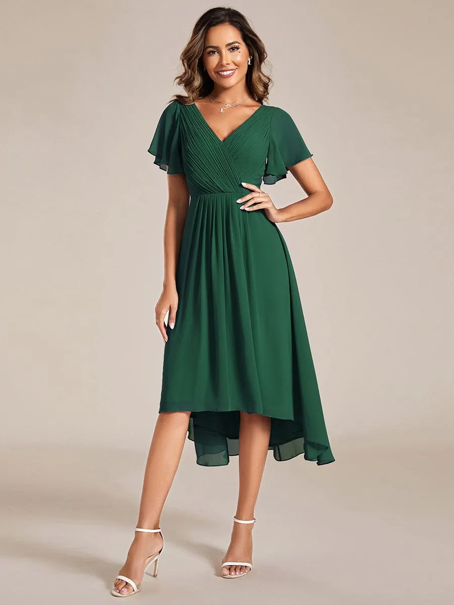 Custom Size Chic V Neck Asymmetrical Hem Ruffles Sleeve Pleated Chiffon Wedding Guest Dress