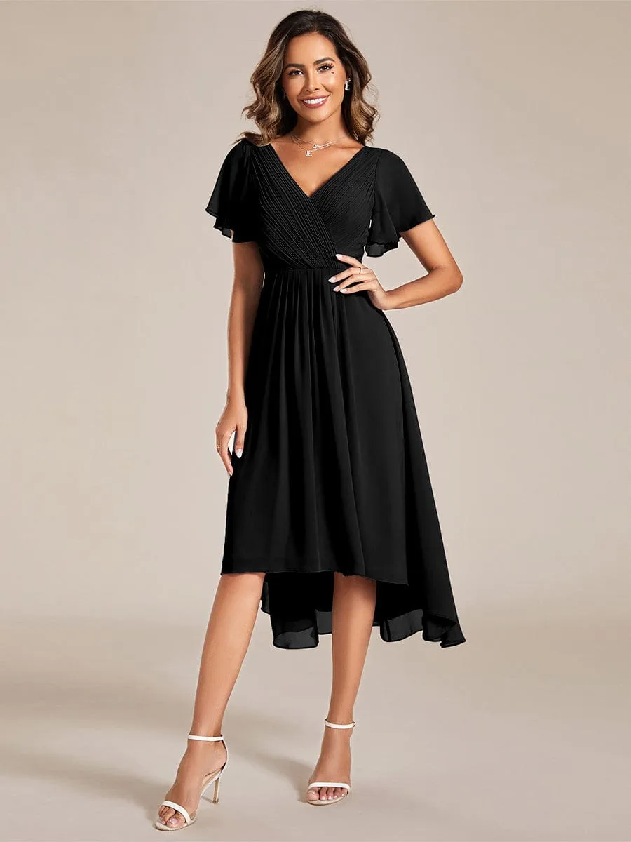 Custom Size Chic V Neck Asymmetrical Hem Ruffles Sleeve Pleated Chiffon Wedding Guest Dress