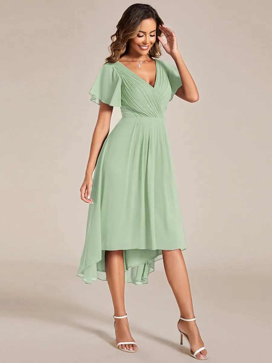 Custom Size Chic V Neck Asymmetrical Hem Ruffles Sleeve Pleated Chiffon Wedding Guest Dress