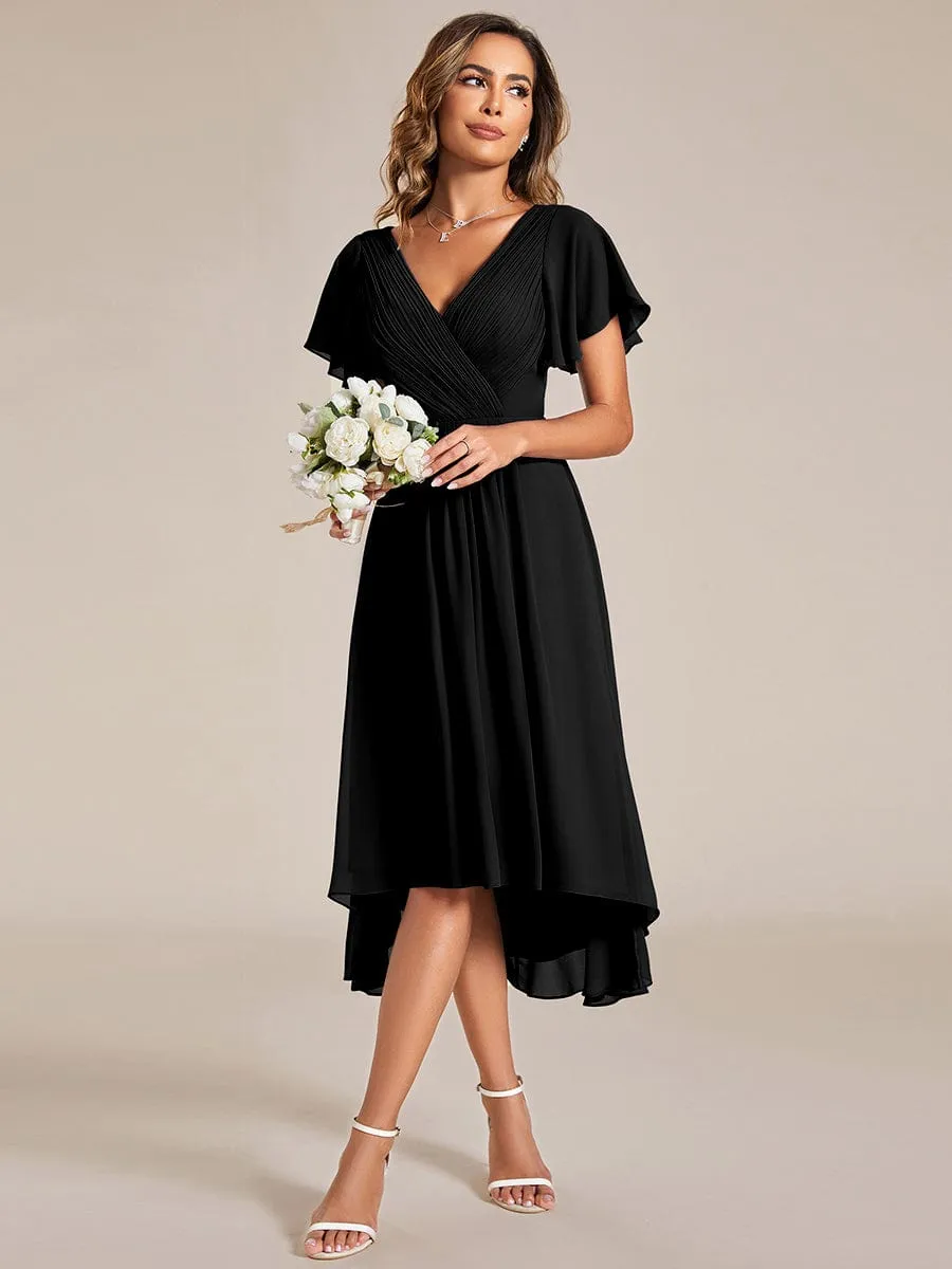 Custom Size Chic V Neck Asymmetrical Hem Ruffles Sleeve Pleated Chiffon Wedding Guest Dress