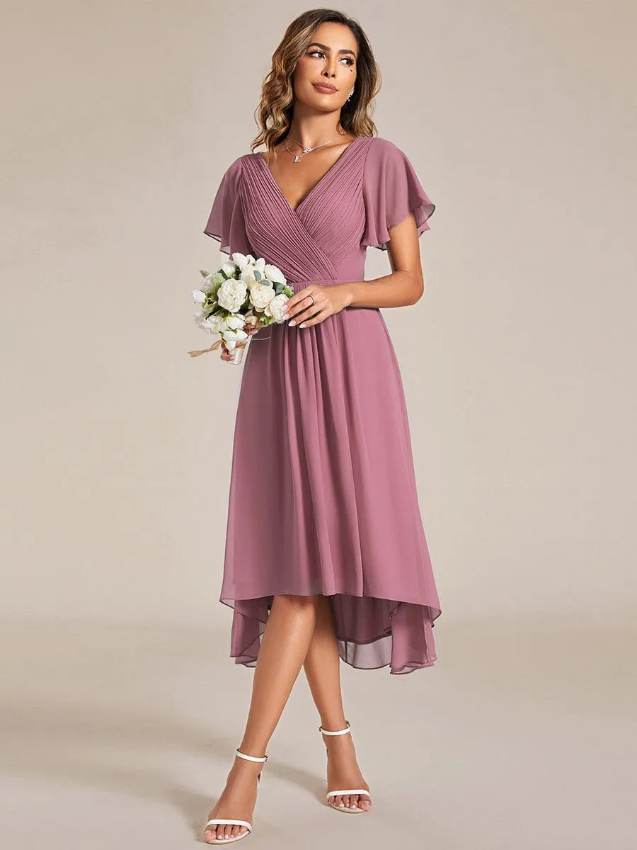 Custom Size Chic V Neck Asymmetrical Hem Ruffles Sleeve Pleated Chiffon Wedding Guest Dress