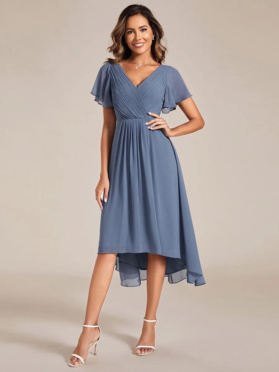 Custom Size Chic V Neck Asymmetrical Hem Ruffles Sleeve Pleated Chiffon Wedding Guest Dress