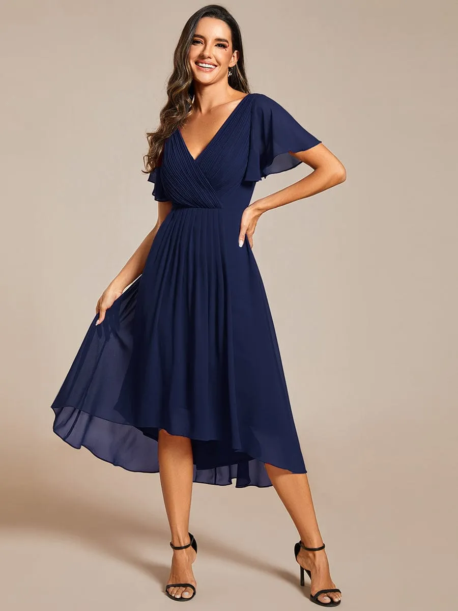 Custom Size Chic V Neck Asymmetrical Hem Ruffles Sleeve Pleated Chiffon Wedding Guest Dress