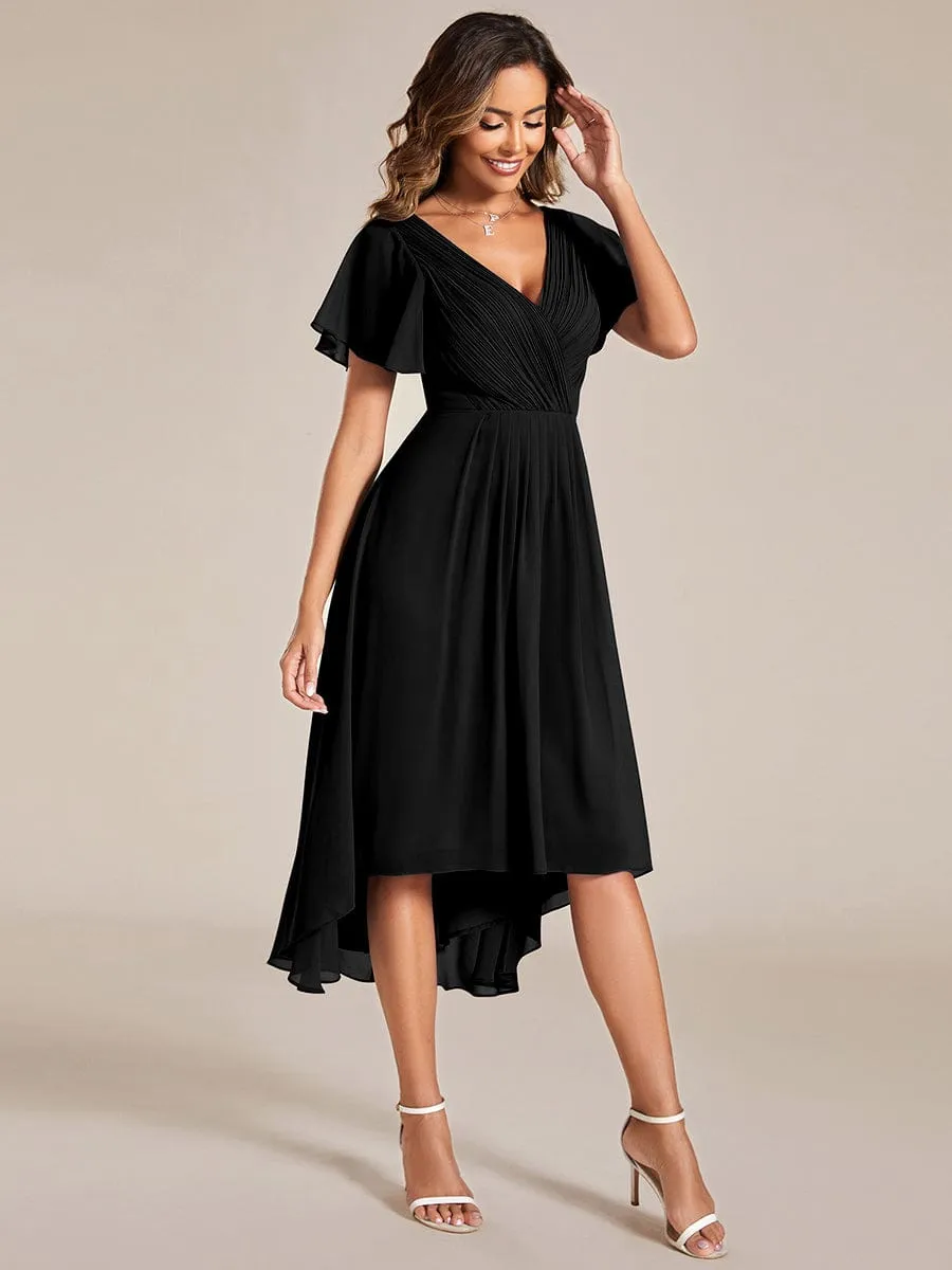 Custom Size Chic V Neck Asymmetrical Hem Ruffles Sleeve Pleated Chiffon Wedding Guest Dress