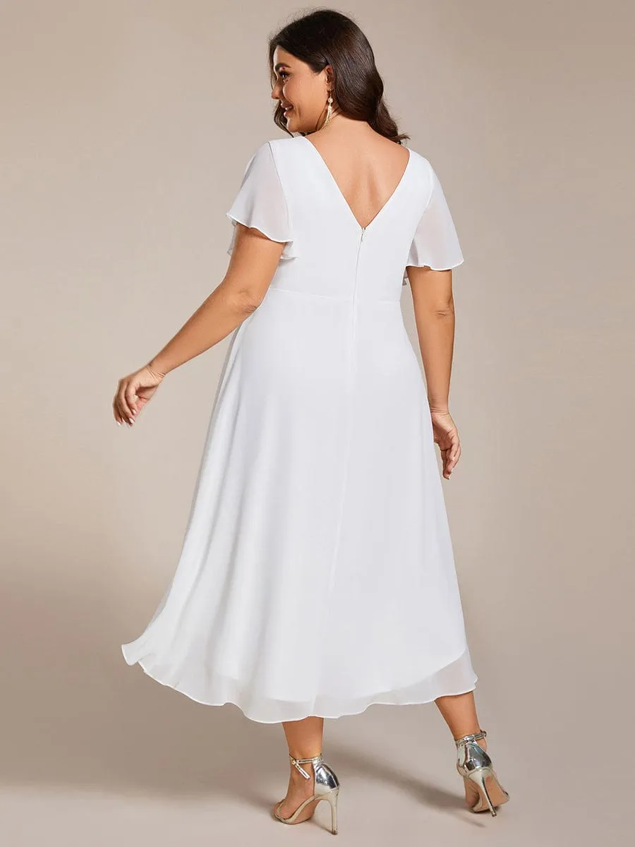 Custom Size Chic V Neck Asymmetrical Hem Ruffles Sleeve Pleated Chiffon Wedding Guest Dress