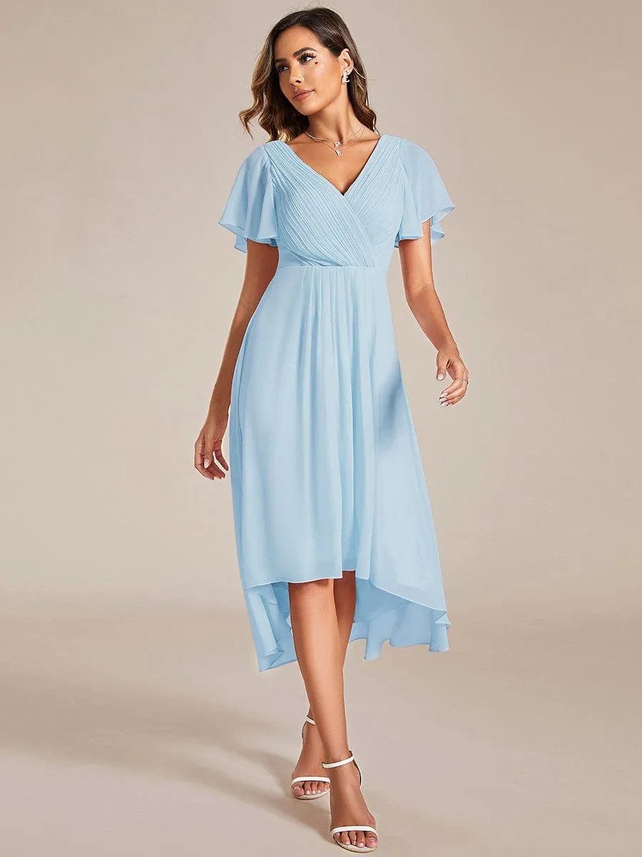 Custom Size Chic V Neck Asymmetrical Hem Ruffles Sleeve Pleated Chiffon Wedding Guest Dress