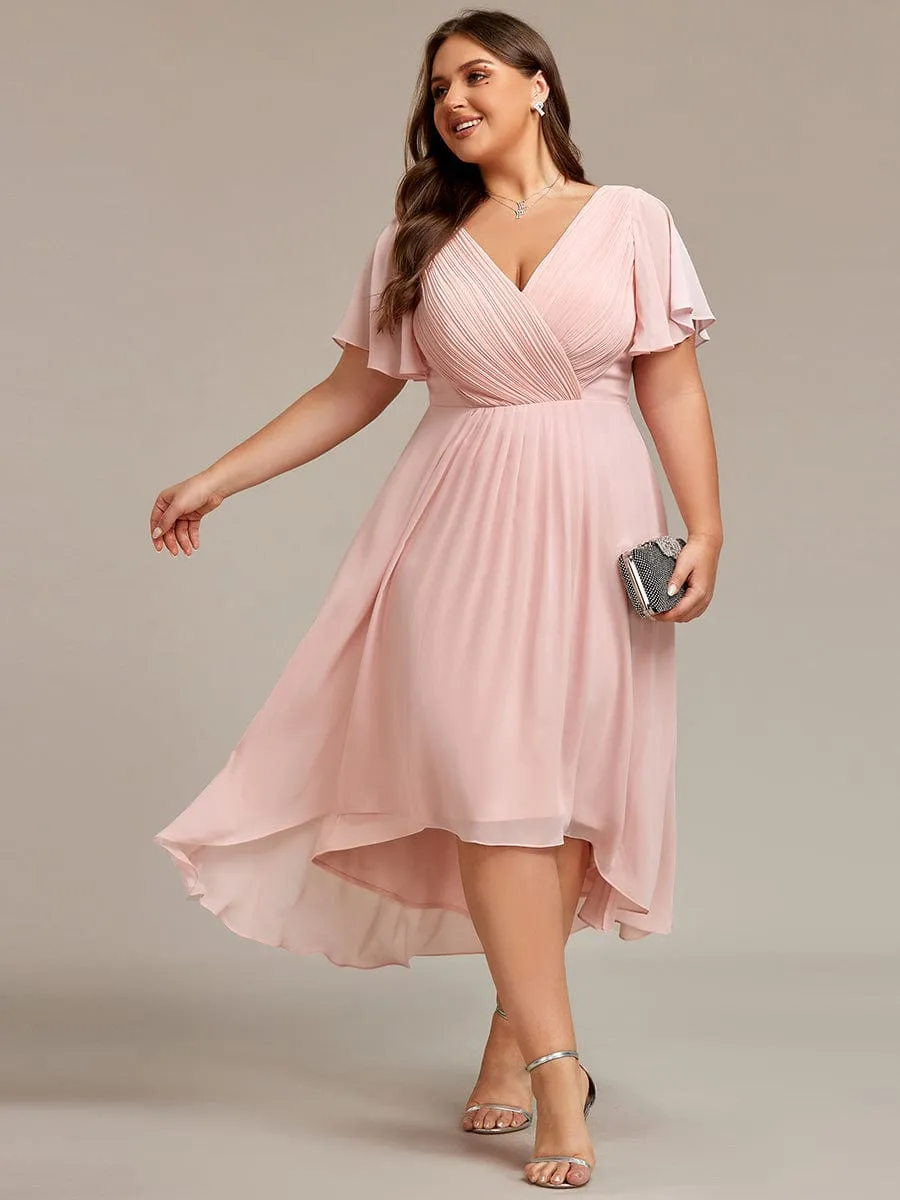 Custom Size Chic V Neck Asymmetrical Hem Ruffles Sleeve Pleated Chiffon Wedding Guest Dress