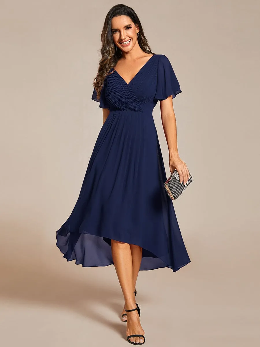 Custom Size Chic V Neck Asymmetrical Hem Ruffles Sleeve Pleated Chiffon Wedding Guest Dress