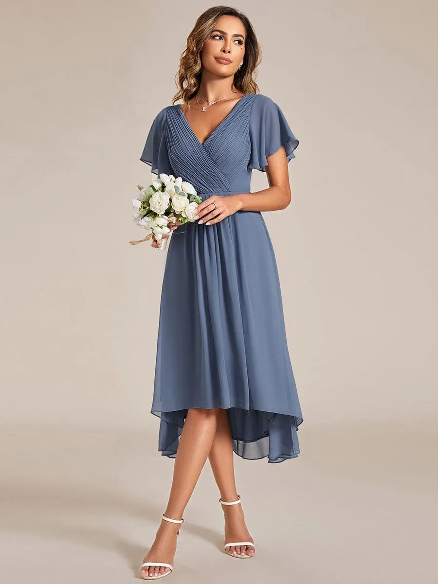 Custom Size Chic V Neck Asymmetrical Hem Ruffles Sleeve Pleated Chiffon Wedding Guest Dress