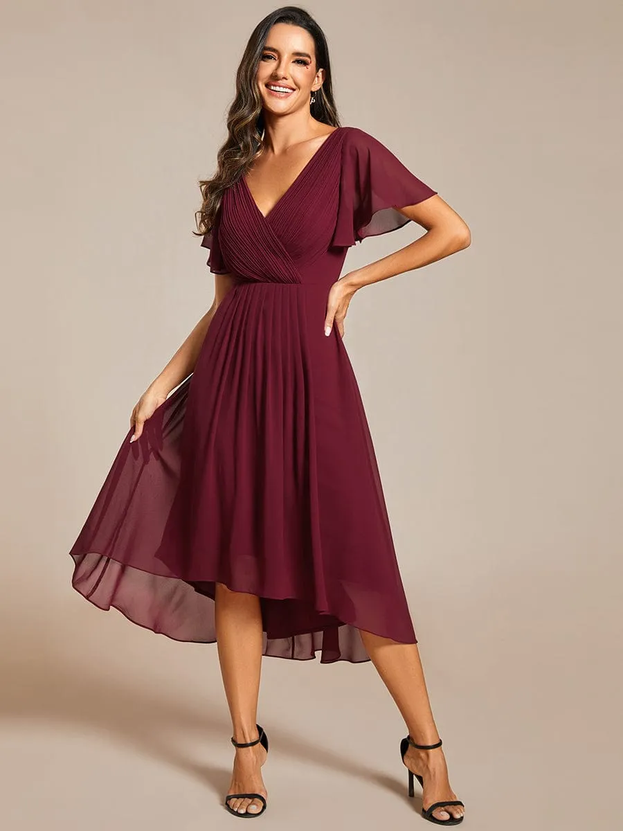 Custom Size Chic V Neck Asymmetrical Hem Ruffles Sleeve Pleated Chiffon Wedding Guest Dress