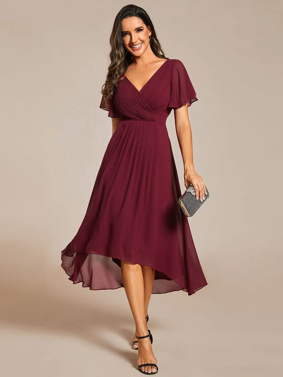 Custom Size Chic V Neck Asymmetrical Hem Ruffles Sleeve Pleated Chiffon Wedding Guest Dress