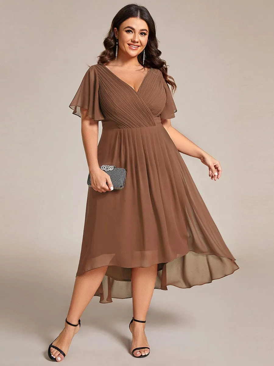 Custom Size Chic V Neck Asymmetrical Hem Ruffles Sleeve Pleated Chiffon Wedding Guest Dress