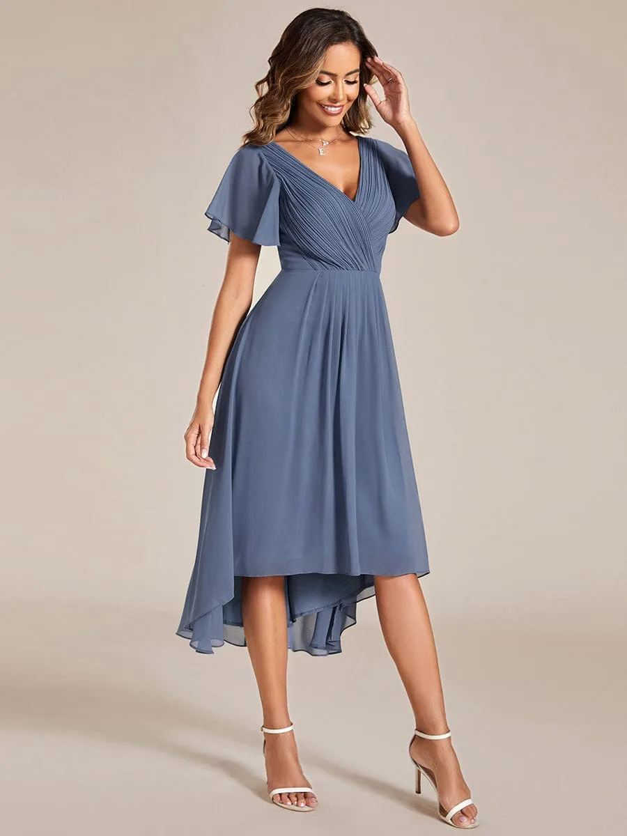 Custom Size Chic V Neck Asymmetrical Hem Ruffles Sleeve Pleated Chiffon Wedding Guest Dress