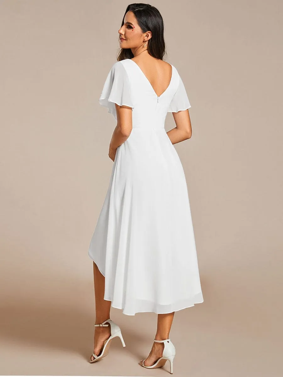 Custom Size Chic V Neck Asymmetrical Hem Ruffles Sleeve Pleated Chiffon Wedding Guest Dress