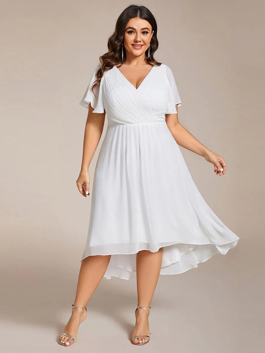 Custom Size Chic V Neck Asymmetrical Hem Ruffles Sleeve Pleated Chiffon Wedding Guest Dress