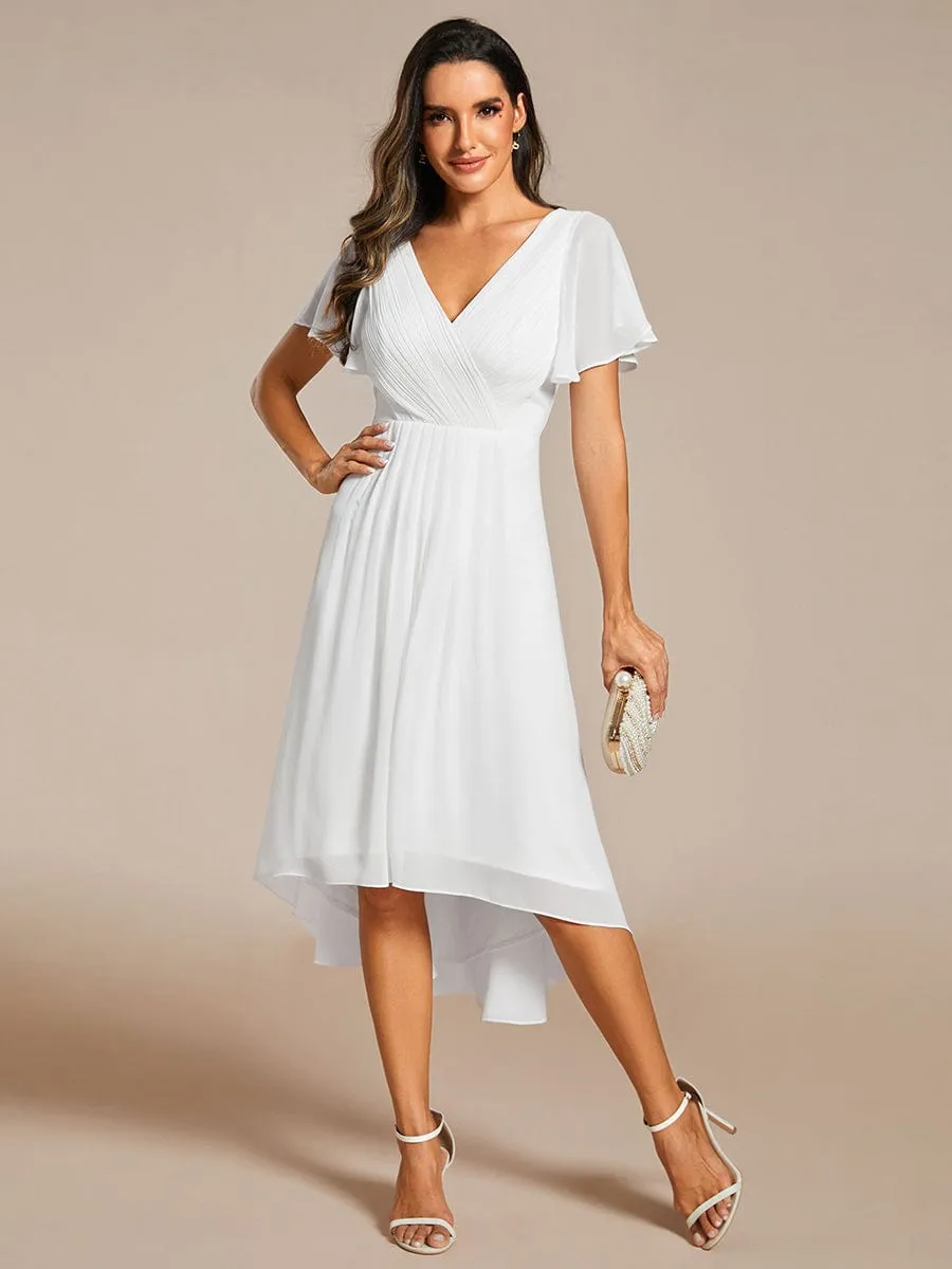 Custom Size Chic V Neck Asymmetrical Hem Ruffles Sleeve Pleated Chiffon Wedding Guest Dress