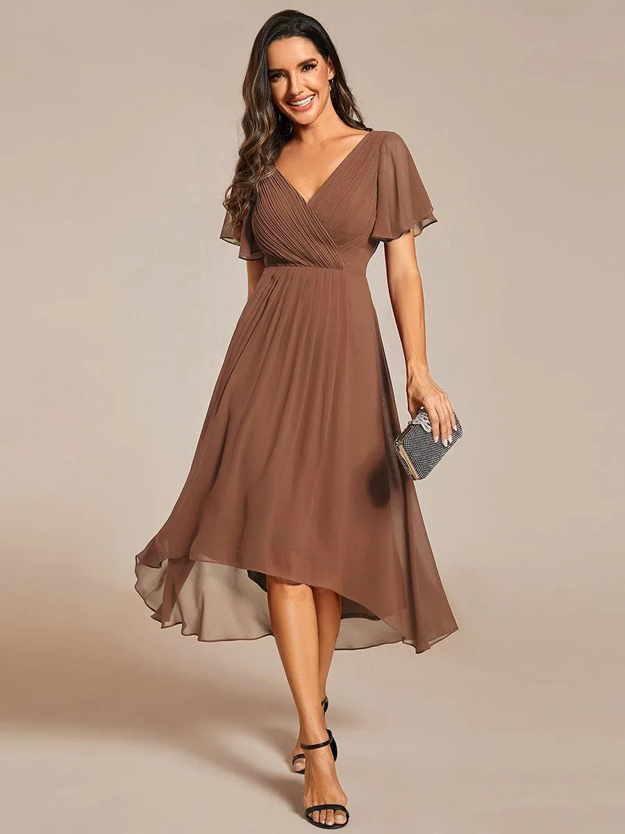 Custom Size Chic V Neck Asymmetrical Hem Ruffles Sleeve Pleated Chiffon Wedding Guest Dress