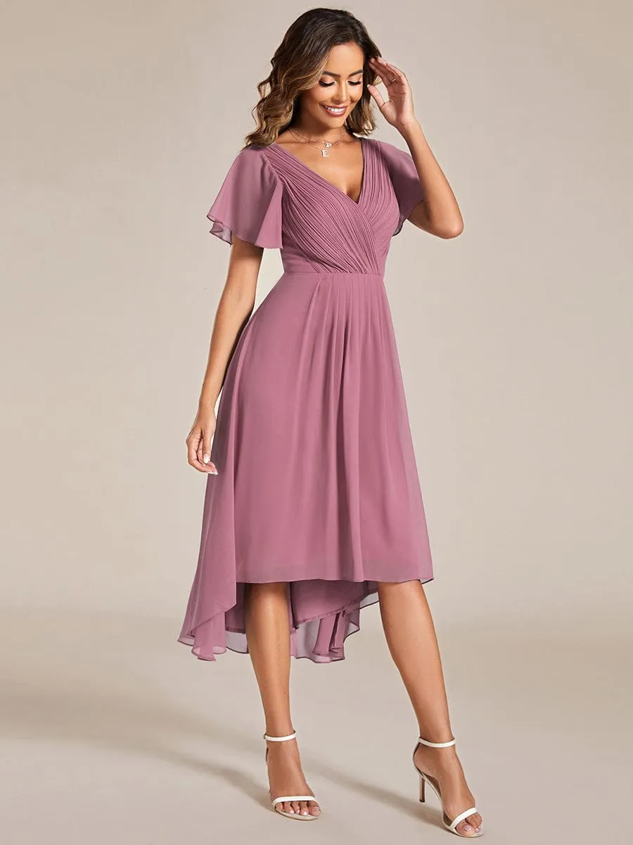 Custom Size Chic V Neck Asymmetrical Hem Ruffles Sleeve Pleated Chiffon Wedding Guest Dress