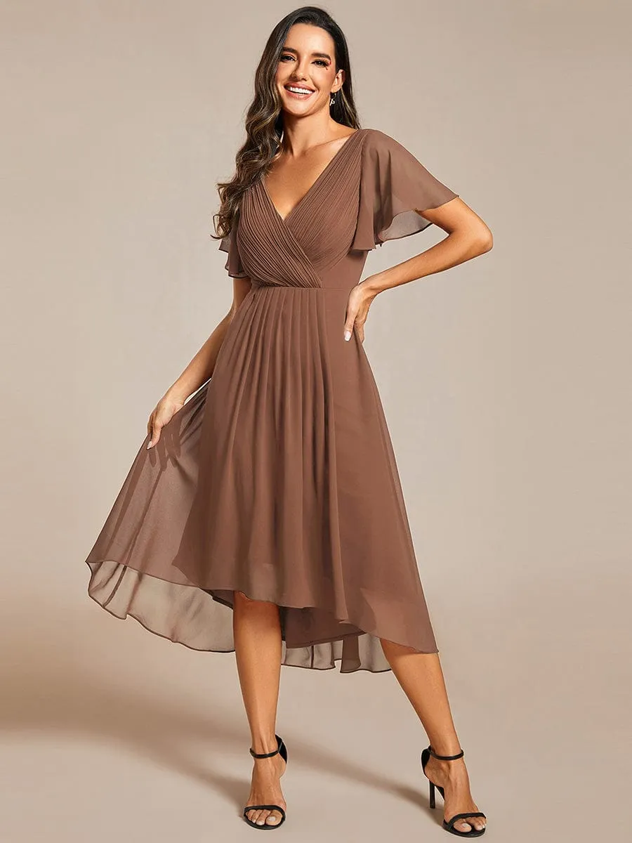 Custom Size Chic V Neck Asymmetrical Hem Ruffles Sleeve Pleated Chiffon Wedding Guest Dress