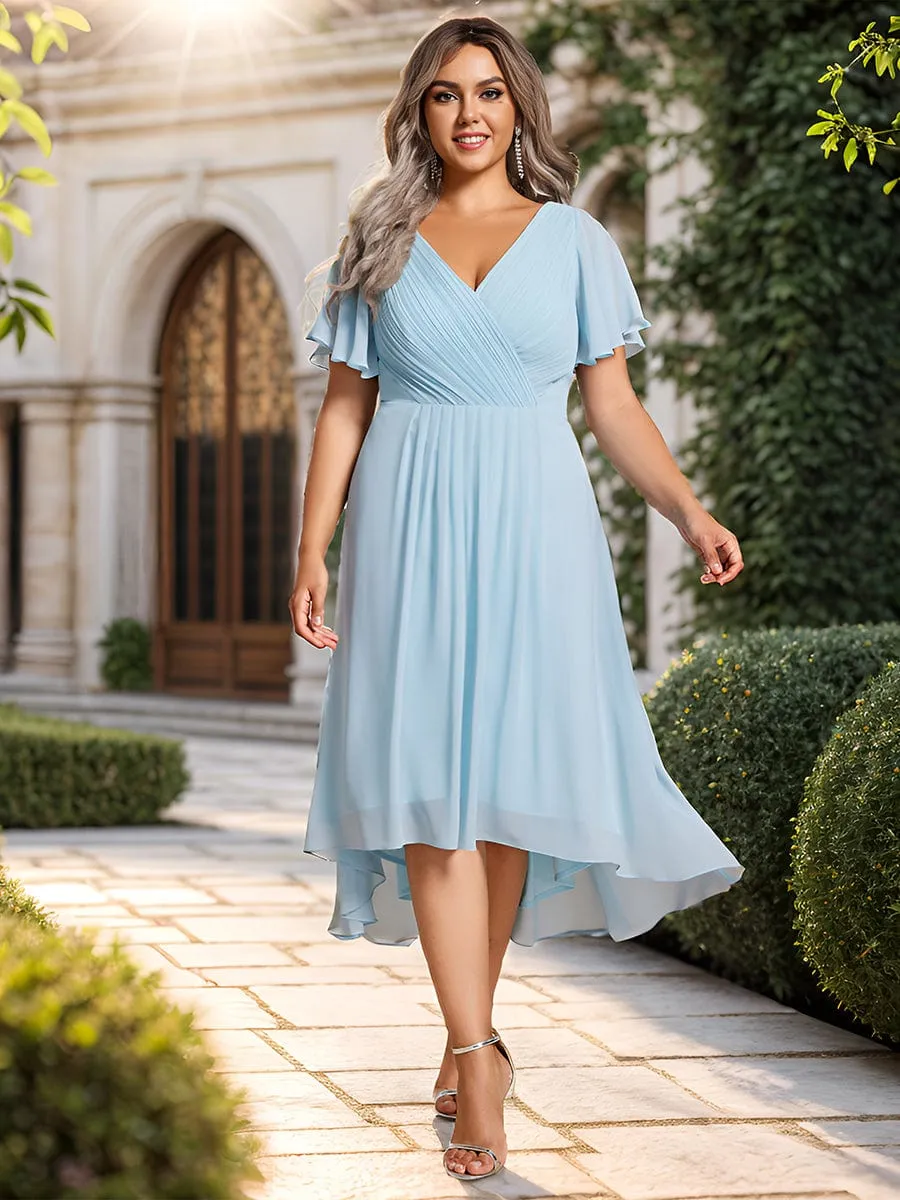 Custom Size Chic V Neck Asymmetrical Hem Ruffles Sleeve Pleated Chiffon Wedding Guest Dress