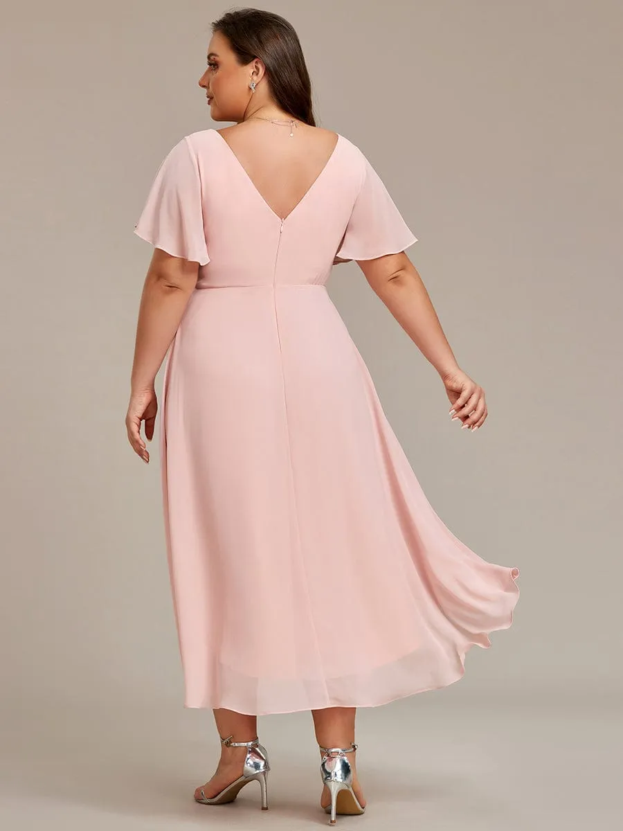 Custom Size Chic V Neck Asymmetrical Hem Ruffles Sleeve Pleated Chiffon Wedding Guest Dress