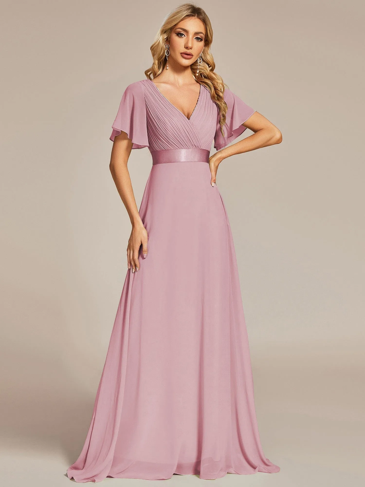 Custom Size Flutter Sleeves Chiffon Empire Waist Bridesmaid Dress