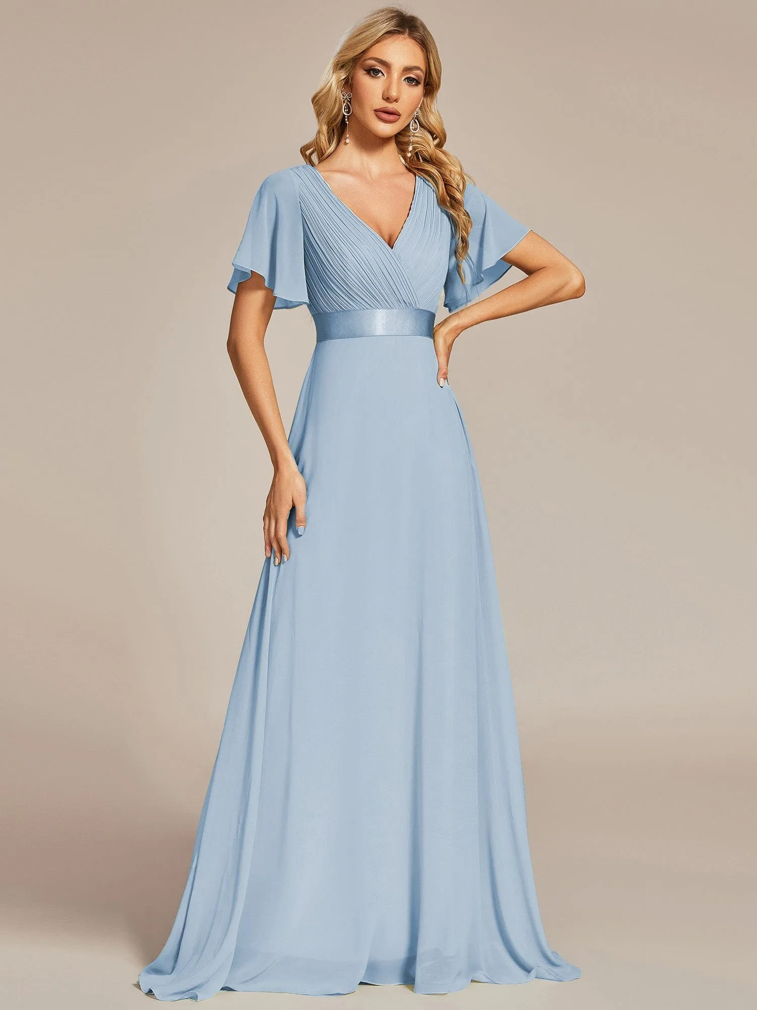 Custom Size Flutter Sleeves Chiffon Empire Waist Bridesmaid Dress