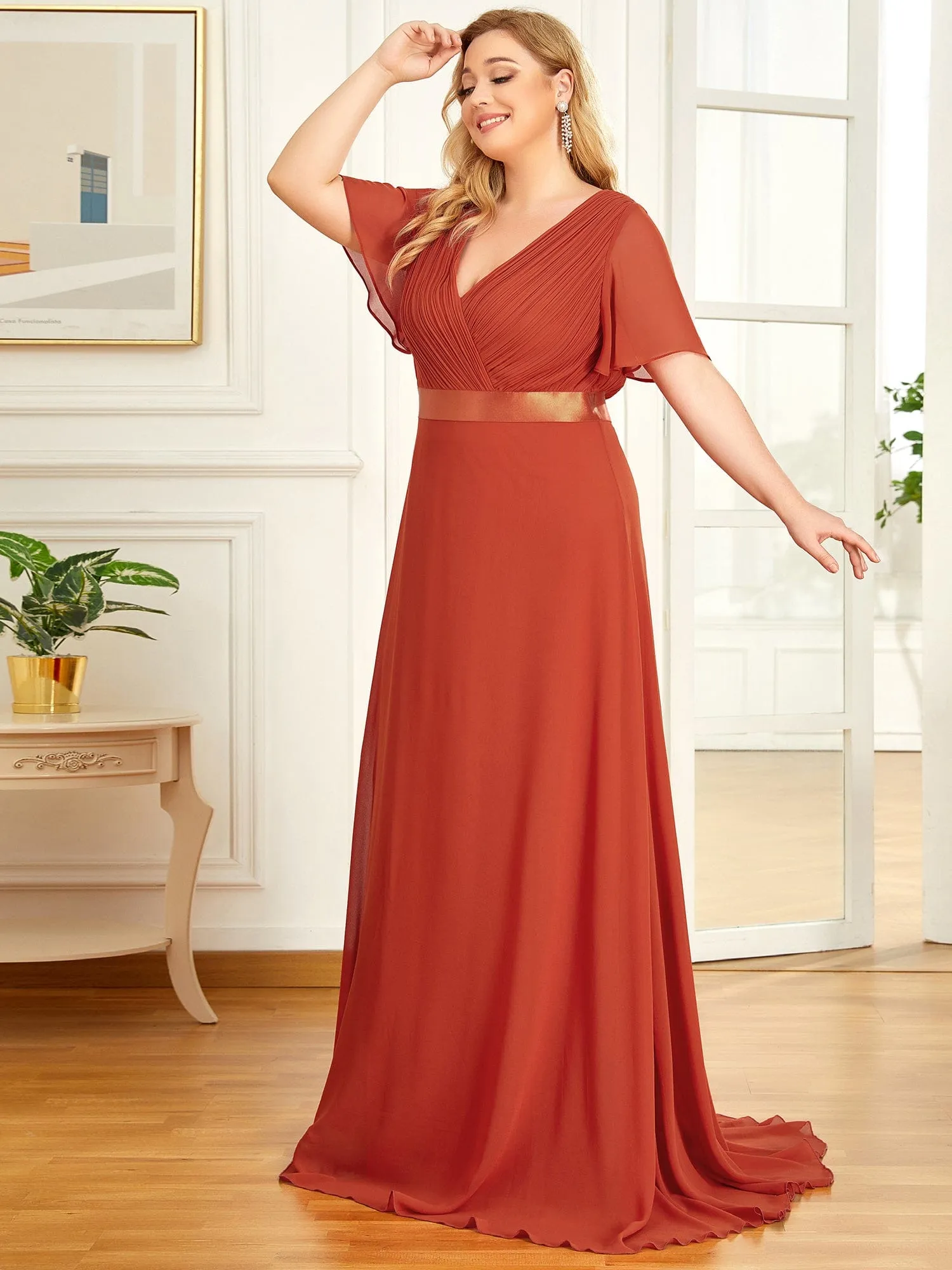 Custom Size Flutter Sleeves Chiffon Empire Waist Bridesmaid Dress