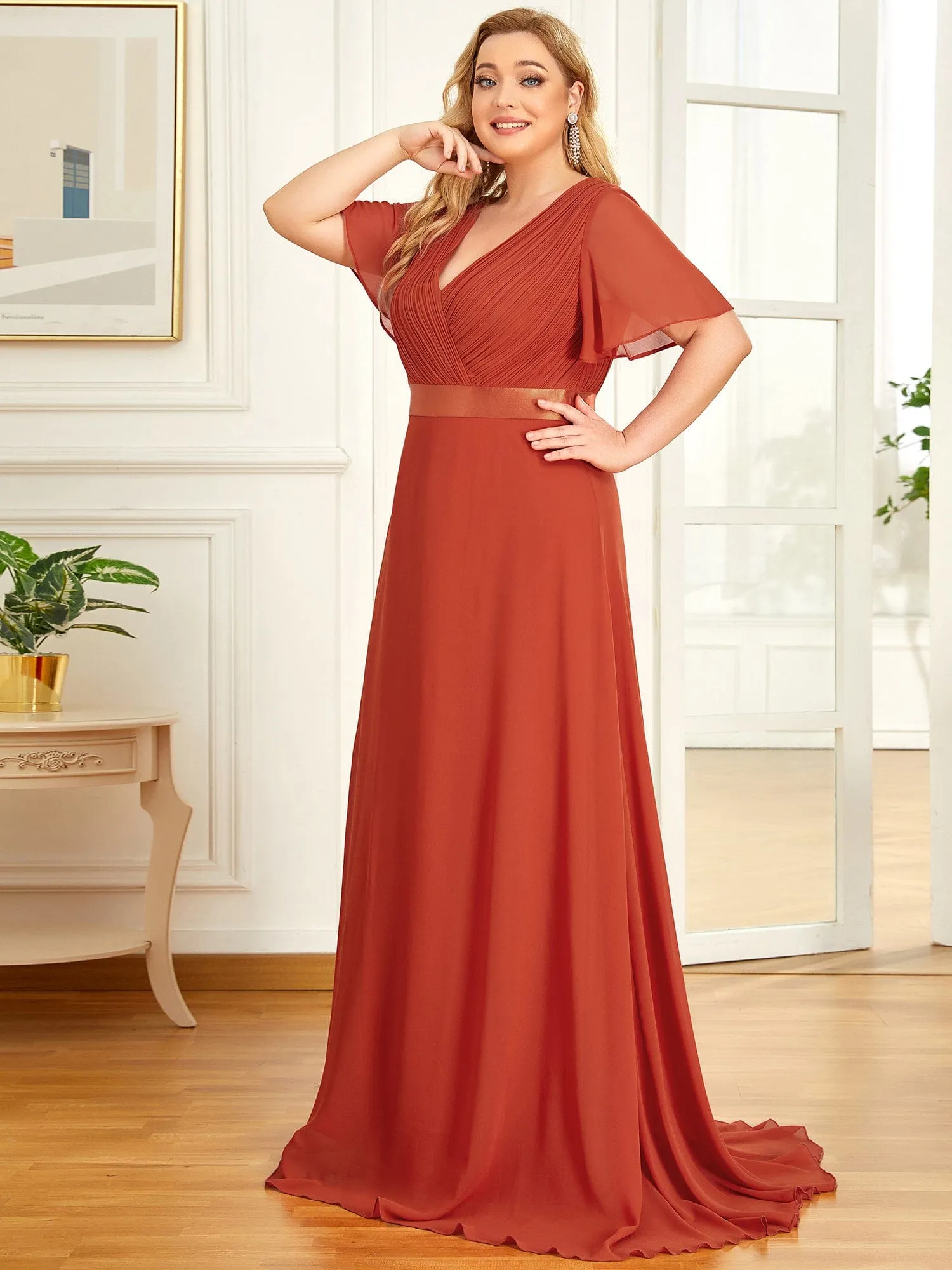 Custom Size Flutter Sleeves Chiffon Empire Waist Bridesmaid Dress