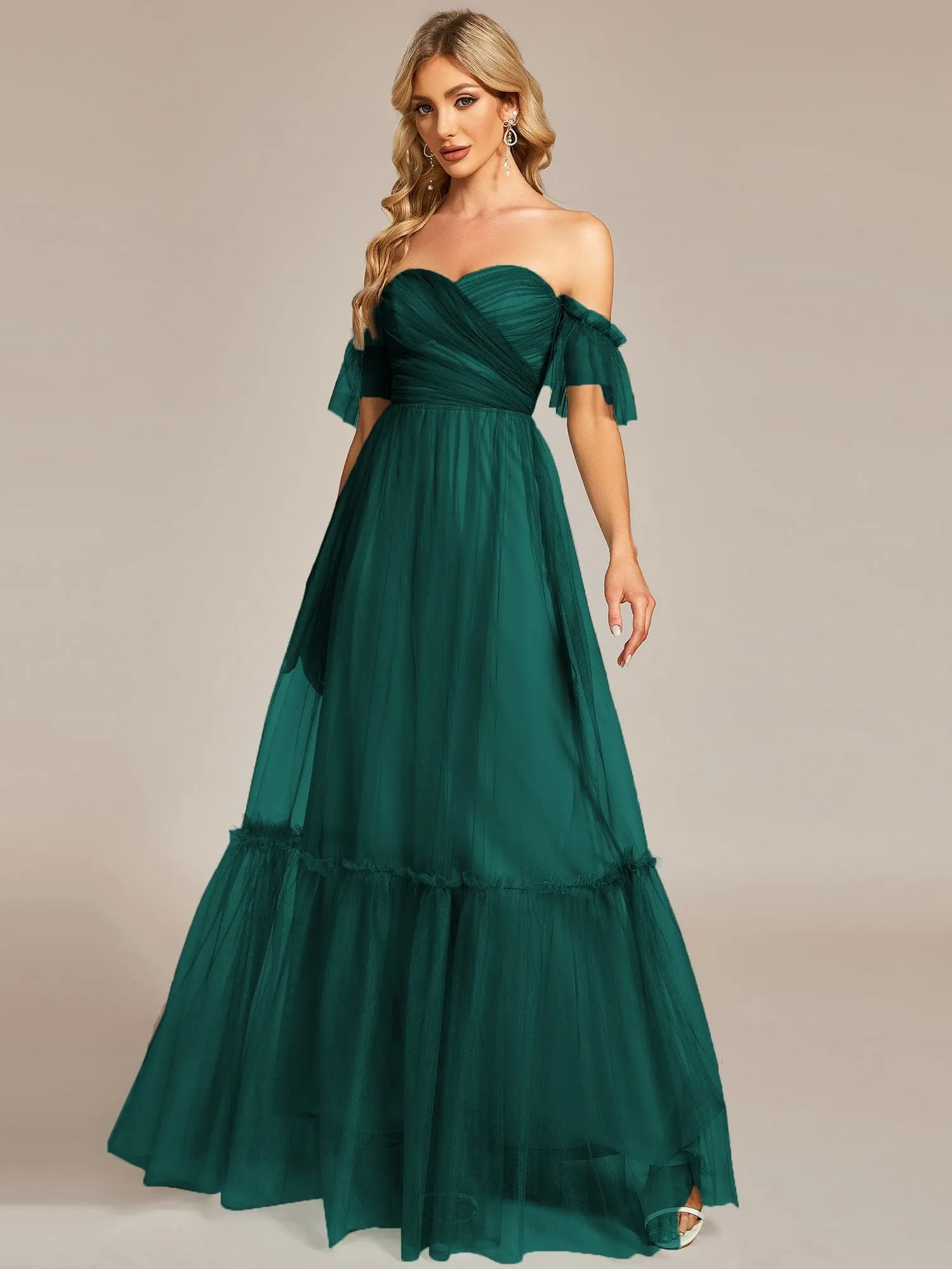 Custom Size Off-Shoulder Sweetheart Double Layer Pleated Evening Dress